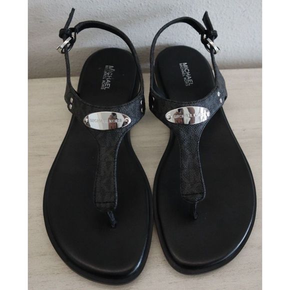 Michael Kors ME21K Women's Sz 9M Black Mallory Leather Logo T-Strap Sandals - Picture 9 of 9
